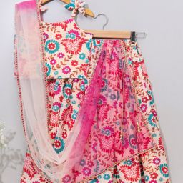 Babyhug Woven Sleeveless Choli & Lehenga With Dupatta Ethnic Print - Beige-image-30