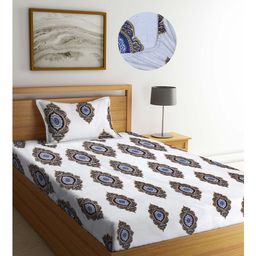 Arrabi White Indian TC Cotton Blend Single Size Fitted Bedsheet with 1 Pillow Cover-image-64
