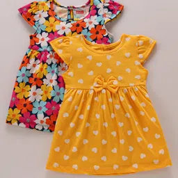 Babyhug 100% Cotton Single Jersey Knit Cap Sleeves Frock Polka Dot & Floral Print Pack Of 2 - White & Yellow-picture-35