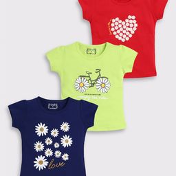 giniekids Pack Of 3 Half Sleeves Flower & Heart Printed Tees - Navy Blue Green & Red-image-93