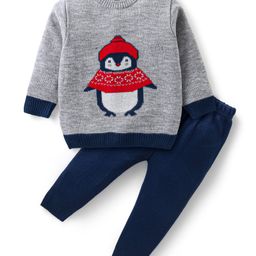 Babyhug Knit Full Sleeves Sweater & Pant Set Penguin Design - Navy Blue & Grey-picture-24