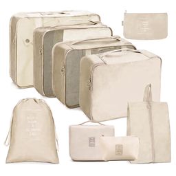 House of Quirk 9pcs Set Travel Organizer Packing Cubes Lightweight Travel Luggage Organizers with Laundry Bag or Toiletry Bag (Beige)-picture-49