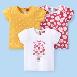 Babyhug Cotton Knit Half Sleeves T-Shirts with Floral & Polka Dots Print Pack of 3 - Multicolor-image-79