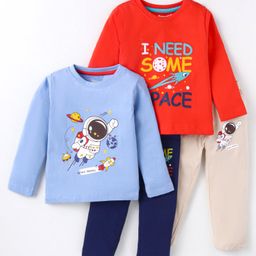 OHMS Single Jersey Knit Full Sleeves T-Shirts & Lounge Pants Set With Space Theme Print Pack Of 2 - Red & Light Blue-image-29