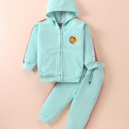 Little Darlings Fleece Full Sleeves Hooded Winter Wear Suit With Basketball Logo - Sea Green-image-29