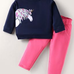 ToffyHouse 100%Cotton Knit Full Sleeves Unicorn Patch Sweatshirt & Solid Color Joggers Set - Navy Blue & Dark Pink-picture-18