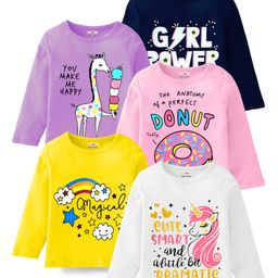 KUCHIPOO Pack Of 5 Cotton Full Sleeves Unicorn & Giraffe Printed Tees - Blue Purple Pink Yellow & White-picture-7