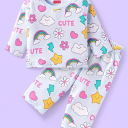 Babyhug Cotton Knit Full Sleeves Night Suit With Rainbows & Floral Print - Sky Blue-image-19