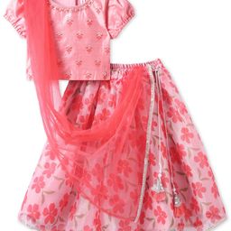Babyhug Woven Half Puffed Sleeves Floral Printed & Embroidered Choli Lehenga Set with Dupatta - Pink-image-52