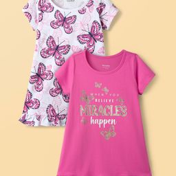 Honeyhap Premium 100% Cotton Bio Finish Half Sleeves Nighties with Butterfly Print Pack of 2 - Bright White & Carmine Rose-image-50