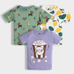 Orange Sugar 100% Cotton Knit Pack Of 3 Half Sleeves Lemon & Popcorn Printed Tees - Multi Colour-image-131
