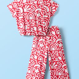 Babyhug Single Jersey Knit Half Sleeves Co-ords Top & Culottes Set With Abstract Print - Red-image-92