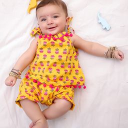 BownBee Pure Cotton Woven Sleeveless Floral Printed & Pom Pom Lace Embellished Jhabla & Shorts Set - Yellow-image-21