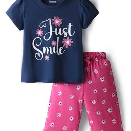 Honeyhap 100% Cotton Half Sleeves Floral & Text Printed Capri Night Suit With Bio Finidh - Navy Peony & Carmine Rose-picture-18