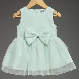 KIDSDEW Net Woven Sleeveless Shimmered Bow Applique Detailed Dress - Green-picture-5
