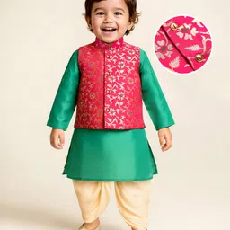 Earthy Touch Woven Full Sleeves Kurta & Dhoti Set With Floral Foil Printed Jacket - Teal Blue & Dark Pink-picture-24