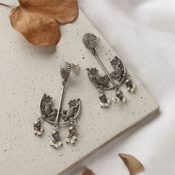 Dulcett Silver-Plated Artificial Beads Beaded Crescent Shaped Oxidised Drop Earrings-2