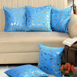 HOMECROWN Blue & Gold 5 Pieces Floral Velvet Square Cushion Covers-image-49