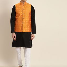 SOJANYA Men Black & Orange Kurta with Churidar & Nehru Jacket-picture-25