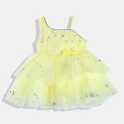YK Girls Yellow Embellished Applique Satin Dress-image-11