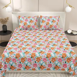 DREAM WEAVERZ Blue & Orange Floral Cotton 220 TC Super King Bedsheet Set2.75 m X 2.55 m-image-64