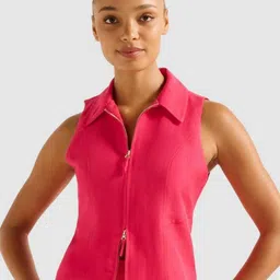 Forever New Women Solid Shirt Collar Sleeveless Top-image-2