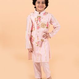 Pspeaches Full Lurex Balance Striped Kurta With Vintage Roses Printed & Placement Floral Embroidered Waistcoat & Pyjama - Pink-picture-45
