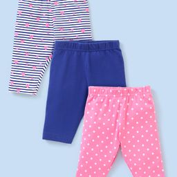 Babyhug Three Fourth Length Lycra Leggings Heart Print Pack of 3 - Pink & Blue-image-38