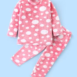 Babyhug Velour Knit Full Sleeves Winter Night Suit Circles Print - Pink-picture-8