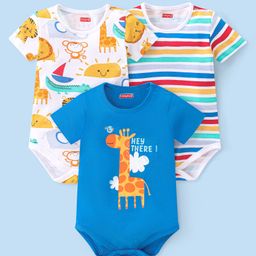 Babyhug 100% Cotton Knit Half Sleeves Onesies Animal Print Pack of 3- Multicolor-image-52