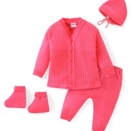 Babyhug Knit Full Sleeves Front Open Solid Color Sweater Set with Cap & Booties- Dark Pink-image-30