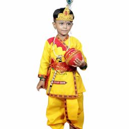 Kaku Fancy Dresses Janmashtami Theme Full Sleeves Kanha & Makhan Chor Text Printed Krishna Costume Set - Yellow-image-17