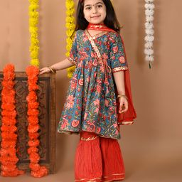 Kinder Kids Cotton Three Fourth Sleeves Floral Printed & Gota Lace Embellished Kurta Sharara With Dupatta - Blue & Red-image-37