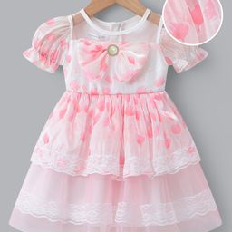 Mark & Mia Half Sleeves Dress with Floral Print Bow Applique & Lace Detailing - Pink-image-75