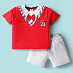 ToffyHouse Knitted Half Sleeves T-Shirt & Shorts Set with Bow Applique & Patch Detailing - Red & Grey-image-79