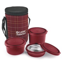 Classic Essentials Microwave Safe, Insulated, Leak Proof 3 Containers Lunch Box, 1250 ml, Maroon-10