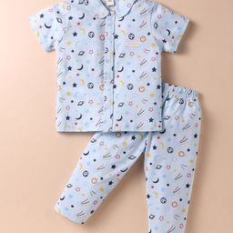 ToffyHouse Cotton Knit Half Sleeves Co-Ord Night Suit with Space Print - Light Blue-image-47