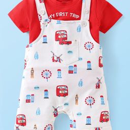 Babyhug Single Jersey Knit Half Sleeves T-Shirt & Dungaree with London Theme Print - Red & White-image-76