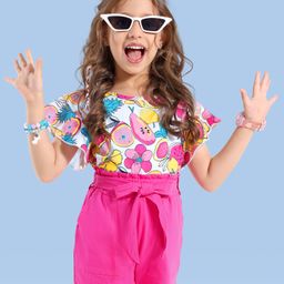 OLLINGTON ST. Cotton Half Frill Sleeves Tropical Theme Printed Top & Shorts Set with Fabric Belt - Multicolor & Neon Pink-image-60