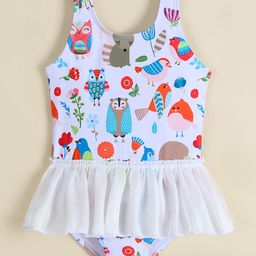 Babyhug Sleeveless Printed Frock Swimsuit -White-image-75