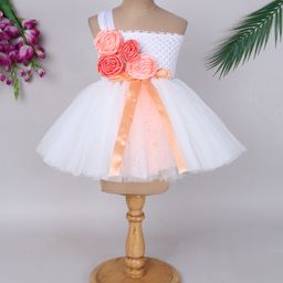 TINY MINY MEE Elastane Woven One Shoulder Sleeves Floral Applique Detailed Glitter Printed Dress - White-image-70