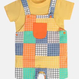 MINI KLUB Cotton Knit Checked Dungaree With Half Sleeves Tee - Orange-picture-39