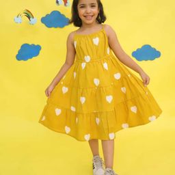 Vastrarth Pure Cotton Woven Sleeveless Hearts Printed Tiered Dress - Mustard-image-11