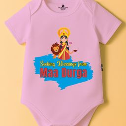 The Peppy Tend 100% Cotton Knit Durga Puja Theme Half Sleeves Seeking Blessings From Maa Durga Text Printed Onesie - Pink-picture-28