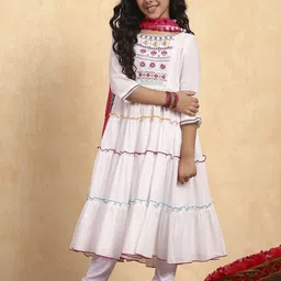 Biba Girls Ethnic Motifs Embroidered Regular Thread Work Pure Cotton Kurta with Churidar & With Dupatta-picture-27