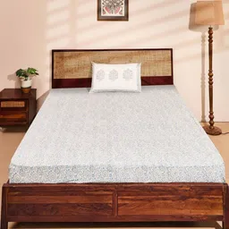 Fabindia Blue & White Floral 180 TC Single Bedsheet with 1 Pillow Covers-picture-13
