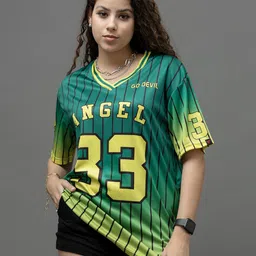GO DEVIL Women Varsity Printed V-Neck Applique T-shirt-image-99