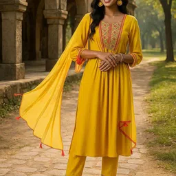Tulsattva Floral Embroidered Round Neck Mirror Work A-Line Kurta With Trousers & Dupatta-picture-23