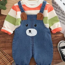 pop street kids POP STREET Girls Striped Straight Leg Denim T-Shirt With Dungarees-picture-21