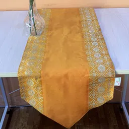 Pink Parrot Yellow Printed Jacquard Silk Table Runner With Tassels-36